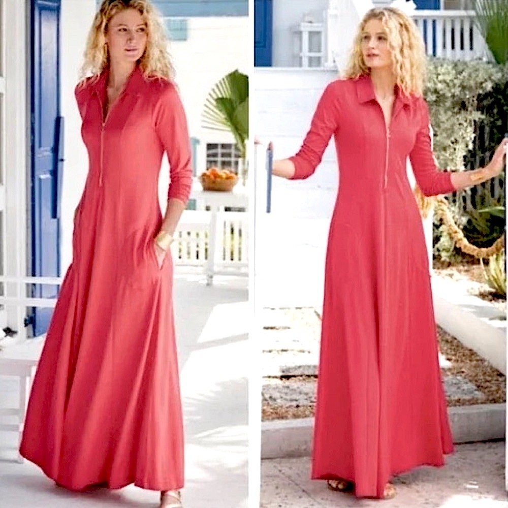 Tailored Maxi Dress in Gorgeous Orange Long Sleeves + Pockets Fit + Flare EUC